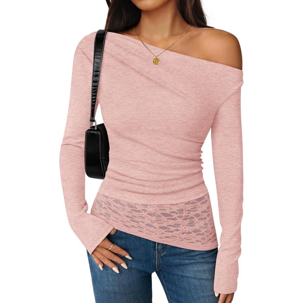 Women's Off Shoulder Pink Long Sleeve Top Casual Lace Slim Fit Fall Y2K Blouse